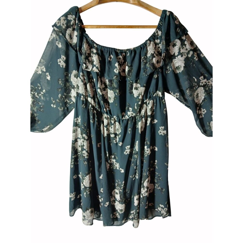 Torrid Womens Floral Off Shoulder Green Ruffled Chiffon Mini Dress Size 3 3X - Picture 4 of 11